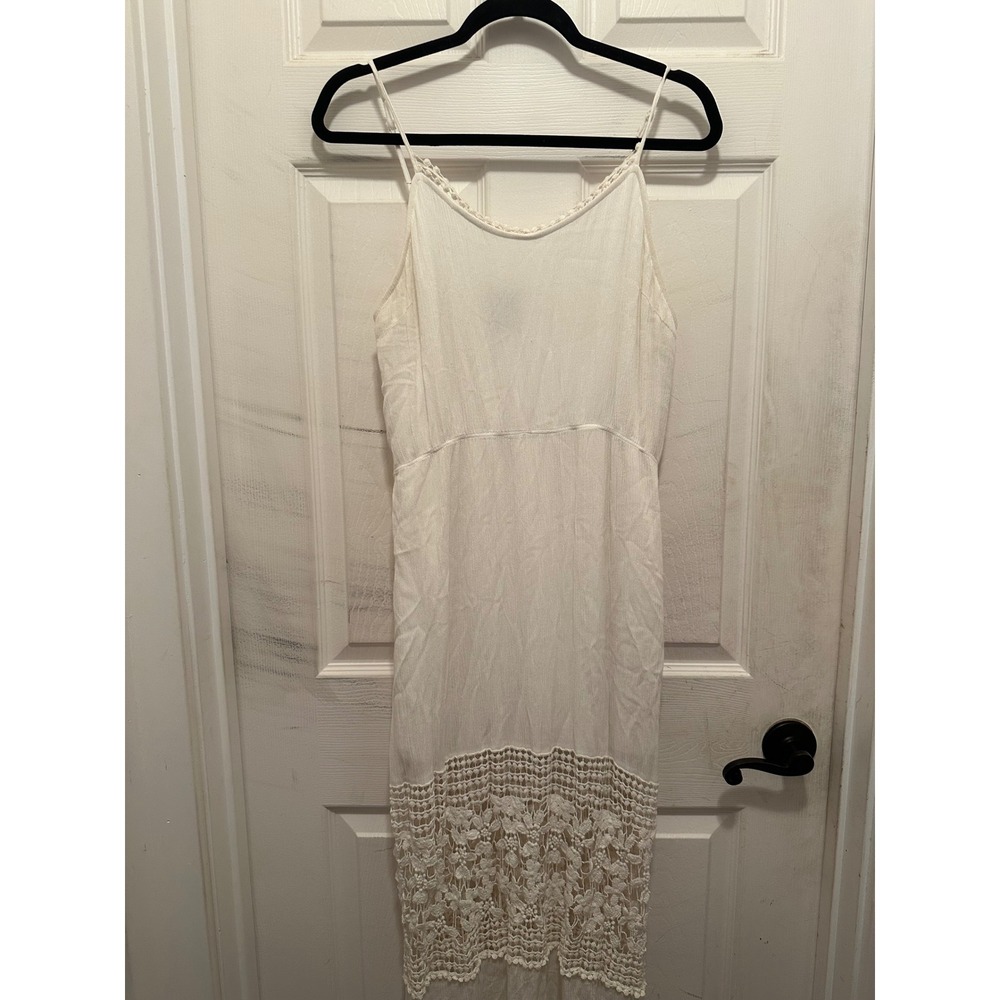 White Crochet Lace Maxi Dress XL Boho Summer Sleeveless Rayon Coastal Sundress